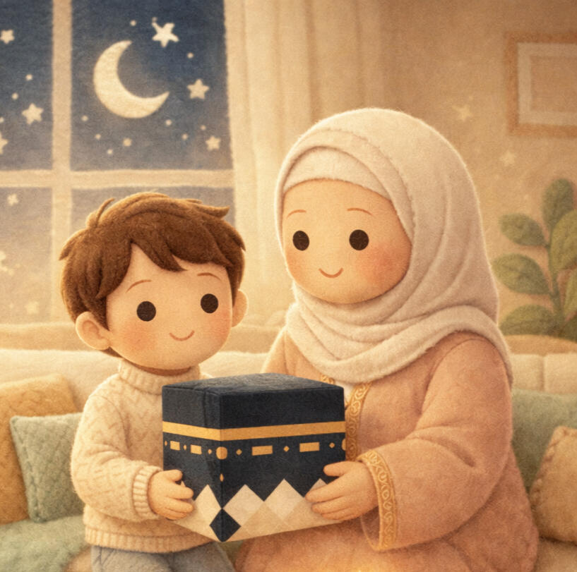 NEA KIDZ – Histoires audio éducatives pour enfants Illustration d’une grand-mère offrant un cadeau symbolique à son petit-fils dans une ambiance douce et rassurante.