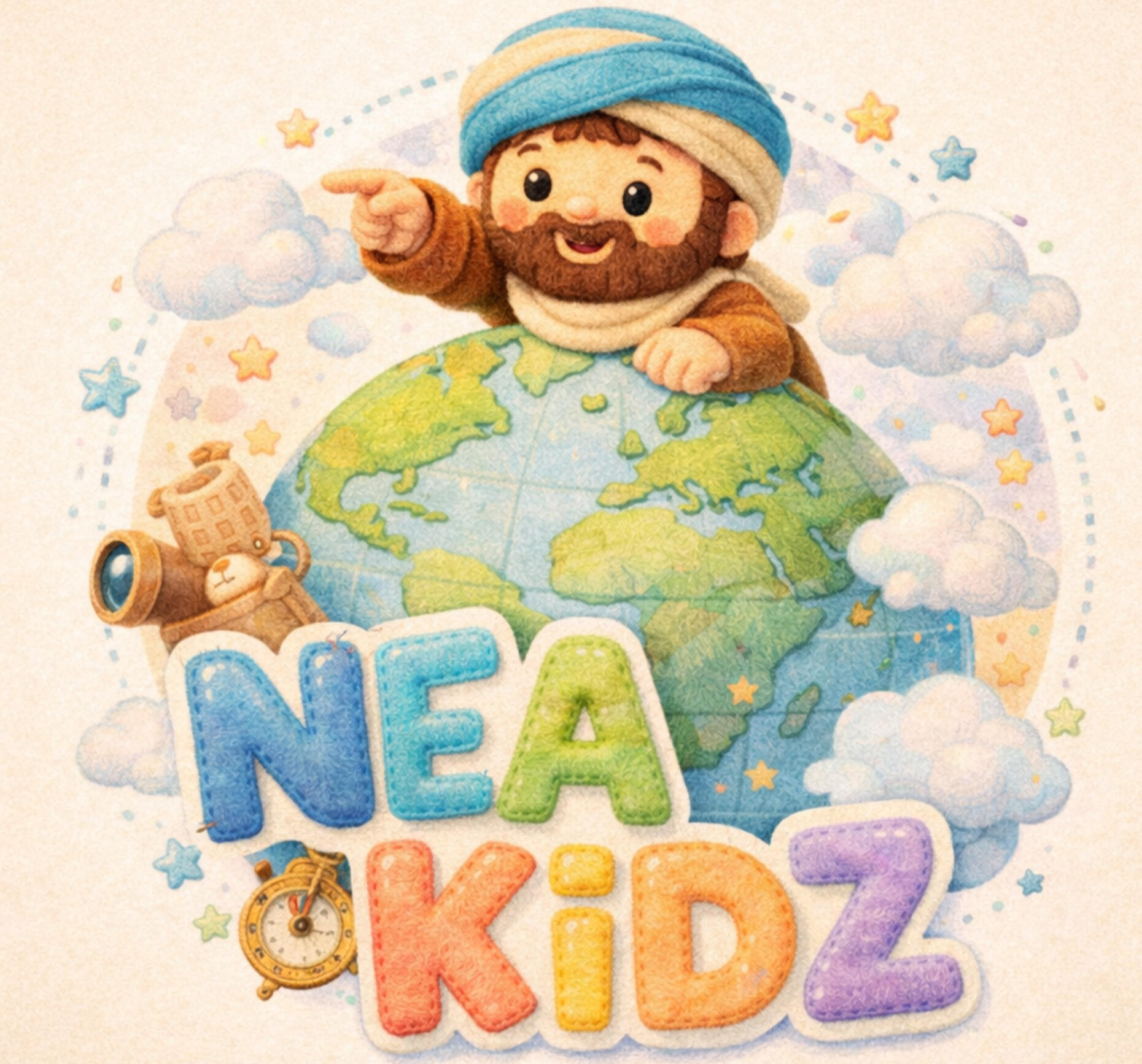 NEA KIDZ – Histoires audio éducatives pour enfants musulmans llustration NEA KIDZ du capitaine Néa allongé sur un globe terrestre et qui pointe du doigt dans une direction avec le logo NEA KIDZ en bas de page