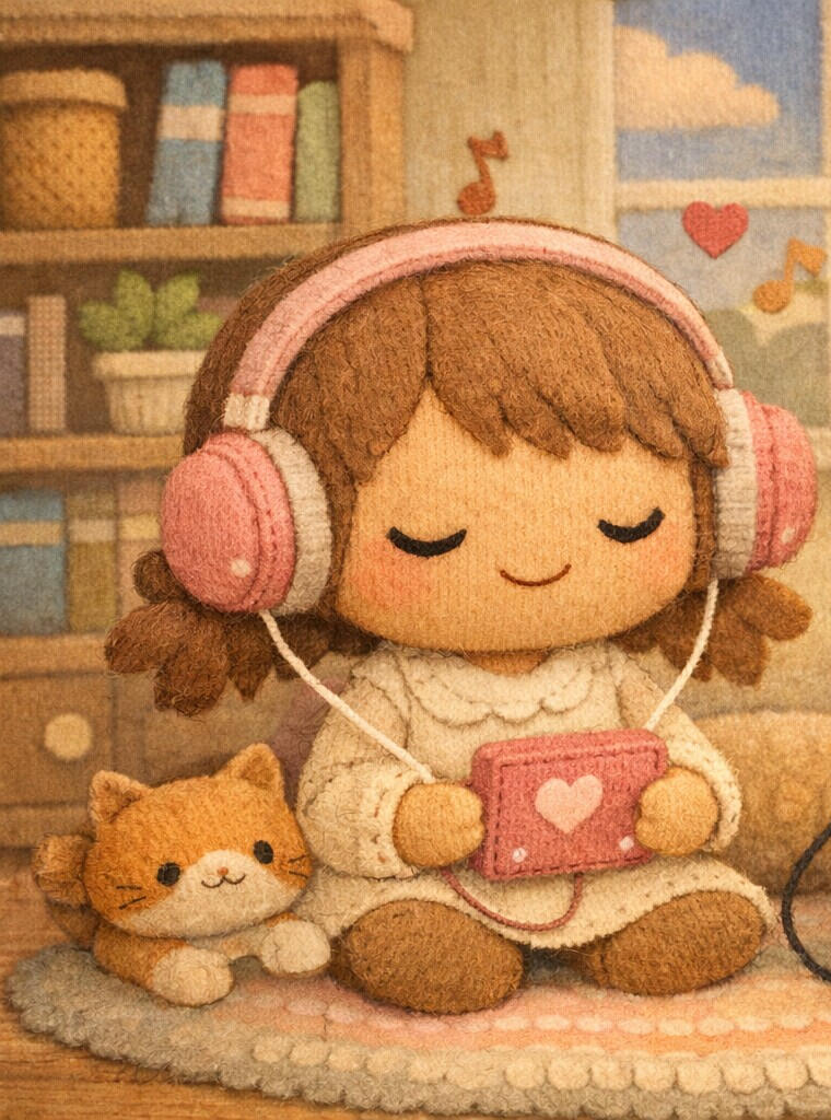 Illustration NEA KIDZ d’une jeune fille écoutant une histoire audio dans un univers doux et rassurant.