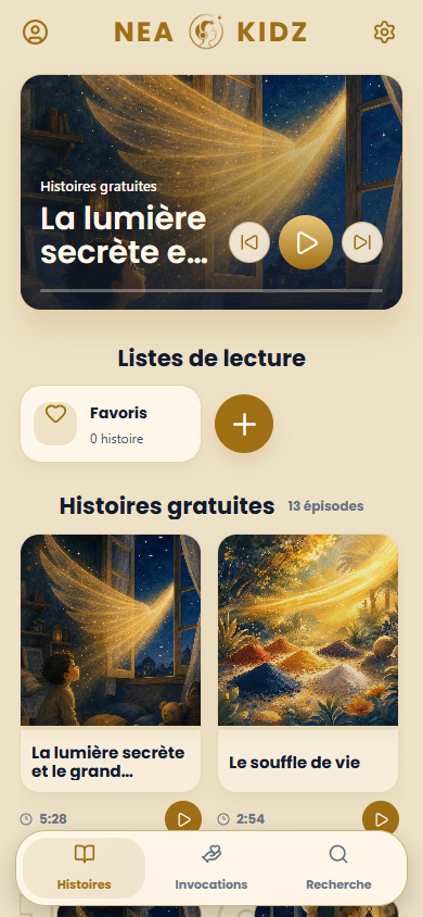 Accueil de l’application NEA KIDZ